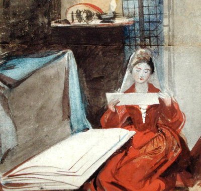 Una Signora in Costume Medievale che Studia il Contenuto di un Portfolio da Daniel Maclise