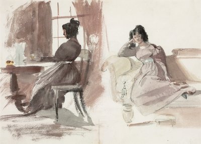 Studi di una giovane donna in un vestito rosa, seduta alla sua scrivania e su una chaise longue da Daniel Maclise
