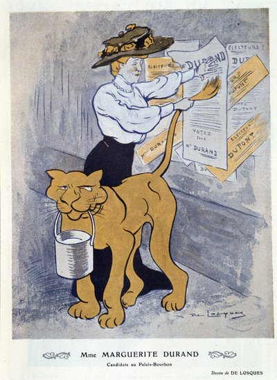 Marguerite Durand affigge il suo manifesto elettorale, illustrazione da 