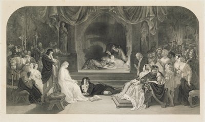 La scena del gioco, Atto III, Scena II di Amleto di William Shakespeare, inciso da Charles W. Sharpe da Daniel (after) Maclise