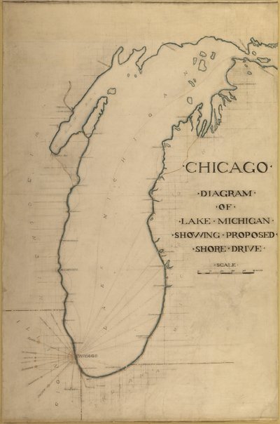 Tavola 35 dal Piano di Chicago 1909: Chicago, e Diagramma del Lago Michigan. Strada Proposta da Daniel Burnham