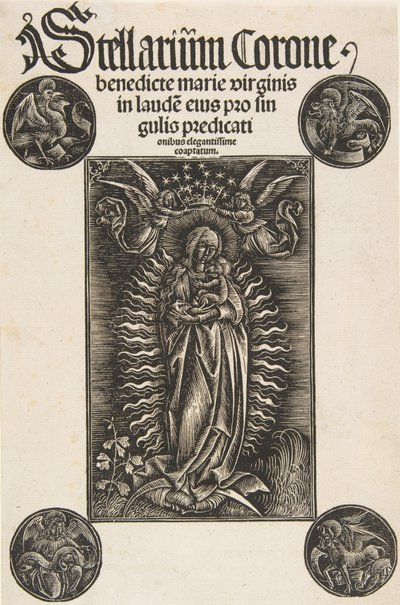 Vergine su una mezzaluna, frontespizio da Pelbartus de Temesvar: Stellarium corone Schr. 2869..., 1502 da Daniel Hopfer.