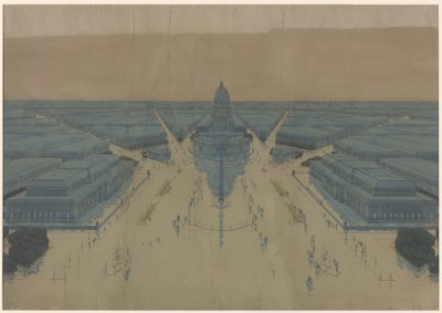 Vista della proposta di piazza e degli edifici del Civic Center, pianta di Chicago del 1909 da Daniel Hudson Burnham