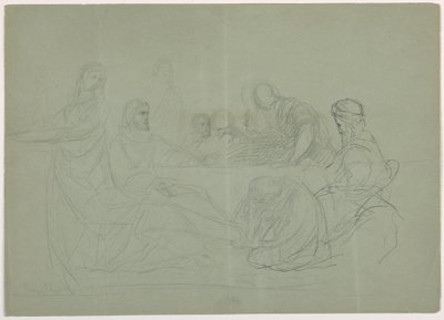 Disegno, Maria che lava i piedi a Cristo, diversi uomini seduti a un tavolo; verso: note, 1852 da Daniel Huntington