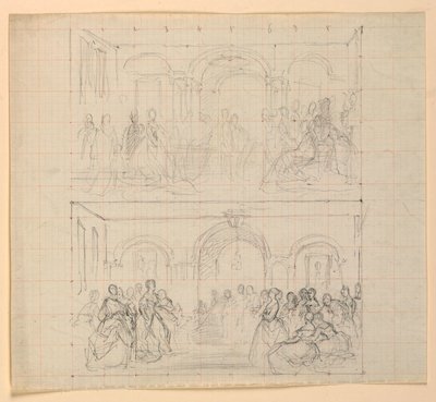 Disegno, due composizioni di figure per il dipinto "Il ricevimento di Lady Washington", 1860 da Daniel Huntington