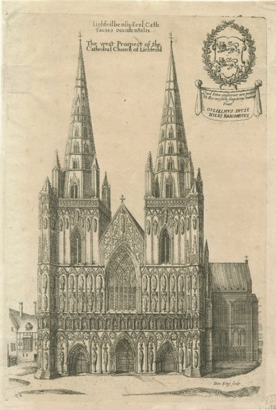 Cattedrale di Lichfield - Facciata Ovest: incisione, nd [?fine 17° secolo] da Daniel King