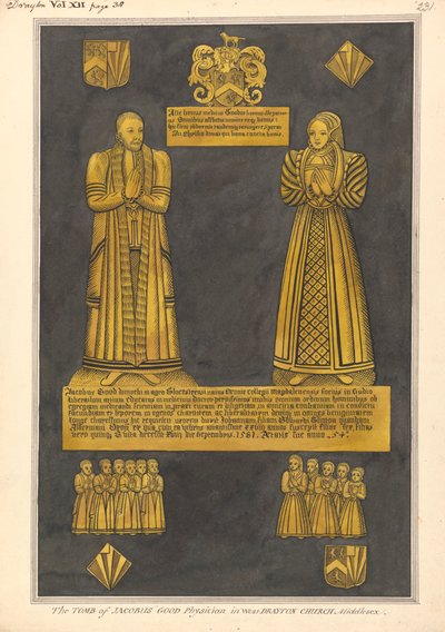 Targa di ottone per il Dr. James Goode e sua moglie Joan, figlia di Edward Clinton, chiesa di West Drayton da Daniel Lysons