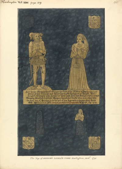 Piastra di Ottone per Gregory Lovell e sua Moglie Anne, Figlia di David Bellingham, Chiesa di Harlington da Daniel Lysons