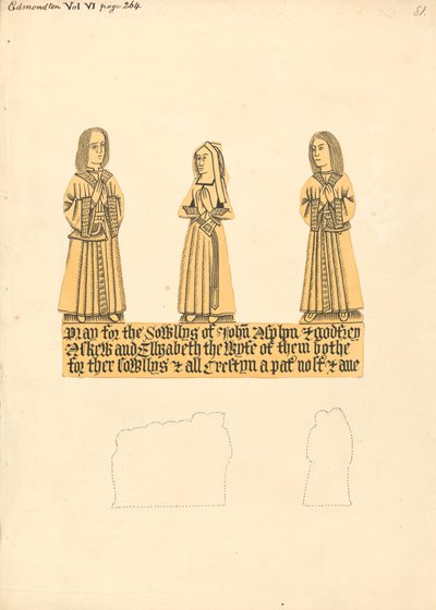 Targa di ottone per John Asplyn, Godfrey Askew e Elizabeth la moglie di entrambi, Chiesa di Edmonton da Daniel Lysons