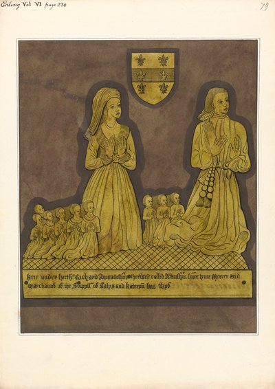 Piastra di ottone per Richard Amondesham e sua moglie Katherine, Chiesa di Ealing da Daniel Lysons
