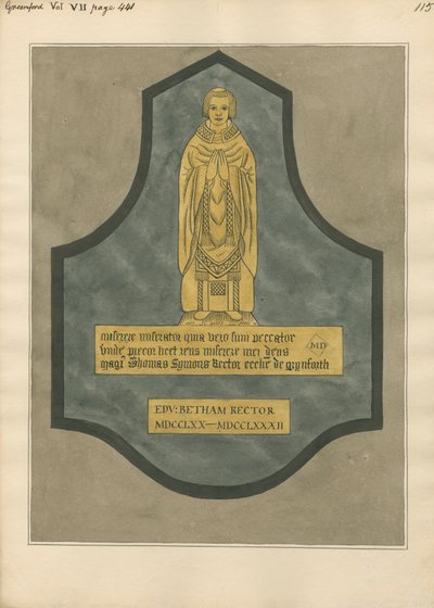Piastra di ottone per Thomas Symons dalla chiesa di Greenford da Daniel Lysons
