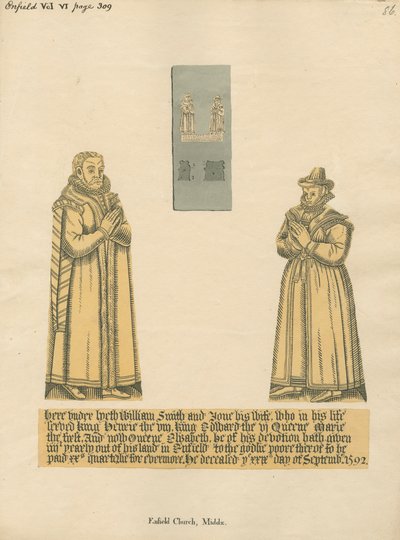 Piastra di ottone per William e Jane Smith dalla chiesa di Enfield da Daniel Lysons