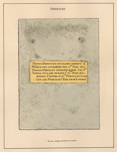 Targa di ottone iscrizione Thomas Priestly il Vecchio e il Giovane dalla Chiesa di Hornsey da Daniel Lysons