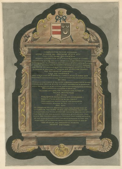 Memoriale della Lady Anne Southwell dalla Chiesa di Acton da Daniel Lysons