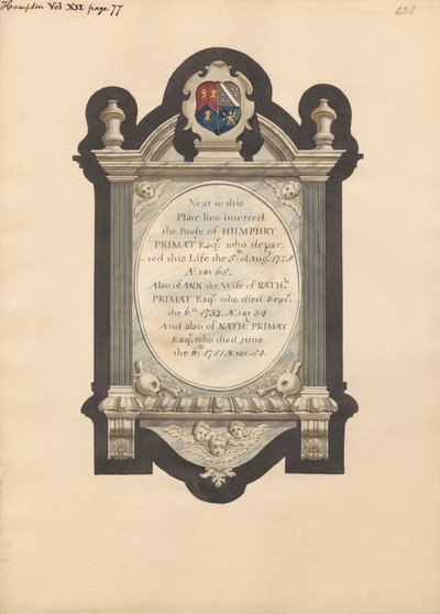 Memoriale a Humphry Primat, Nathaniel e Ann Primat dalla Chiesa di Hampton da Daniel Lysons