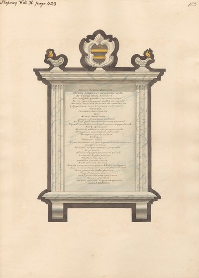 Memoriale a Jacob Augustus Blondel dalla Chiesa di Stepney da Daniel Lysons