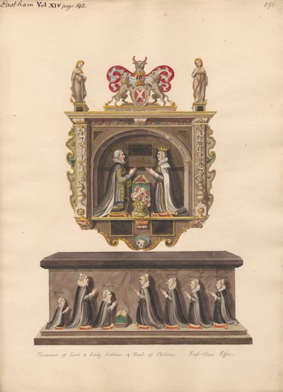 Memoriale a Lord e Lady Latimer e tomba dei figli Ralph, Katherin, Ralph, Dorothye, Jane, Margaret e Anne dalla chiesa di East Ham da Daniel Lysons