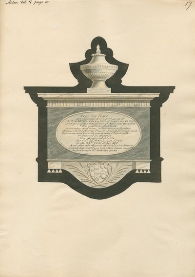 Memoriale a Martha, Philip e George Joseph Cocks dalla chiesa di Acton da Daniel Lysons