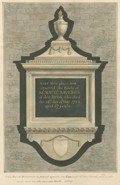 Memoriale a Mr. Nathaniel Ravener dalla Chiesa di Greenford da Daniel Lysons