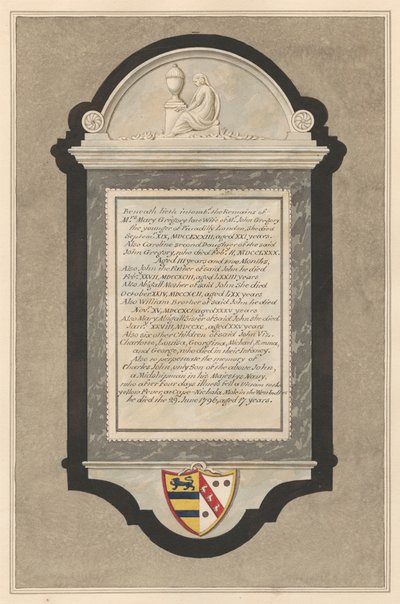 Memoriale a Mrs. Mary Gregory, Caroline Gregory, John Gregory, Abigail Gregory, William Gregory, Mary Abigail Gregory, sei bambini: Charlotte, Louisa, Georgina, Michael, Emma e George Gregory e Charles John Gregory dalla chiesa di Cranford da Daniel Lysons