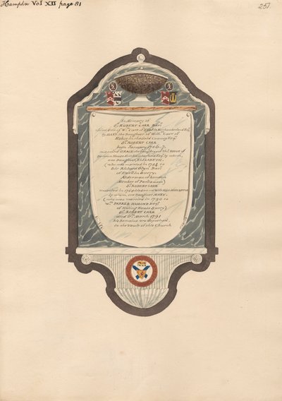 Memoriale a Sir Robert Carr dalla chiesa di Hampton da Daniel Lysons