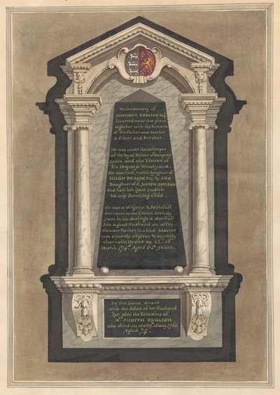 Memoriale a Somerset English, sua moglie Judith, sua madre, suo padre, una sorella e un fratello dalla Chiesa di Hampton da Daniel Lysons