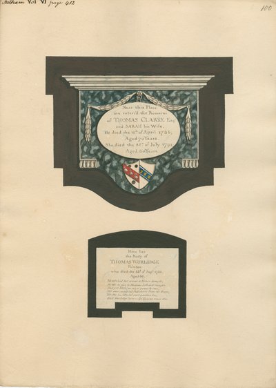 Memoriale a Thomas Clarke e alla moglie Sarah e Thomas Worlidge dalla Chiesa di Fulham da Daniel Lysons