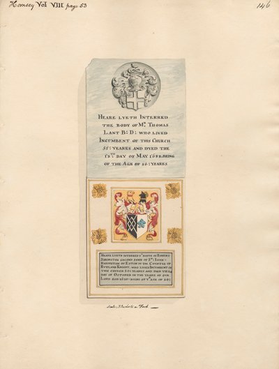 Memoriale a Thomas Lant e Robert Harington dalla Chiesa di Hornsey da Daniel Lysons