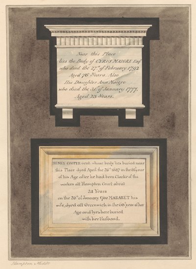 Memoriali a Cyrus Maigre, Ann Maigre e Henry e Margaret Cooper dalla Chiesa di Hampton da Daniel Lysons