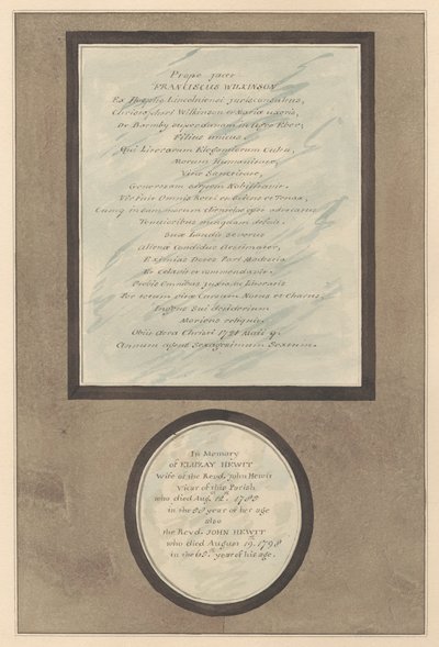 Memoriali a Francis Wilkson e John ed Eluzay Hewitt dalla Chiesa di Feltham da Daniel Lysons