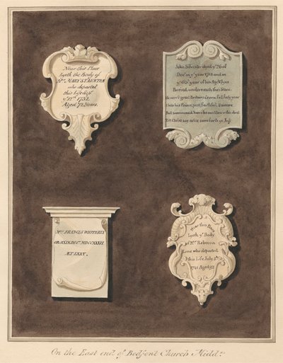 Memoriali a Mrs. Mary Staunton, John Silvester, Mrs. Frances Whiterly e Mrs. Rebecca Lone dalla Chiesa di Bedfont da Daniel Lysons
