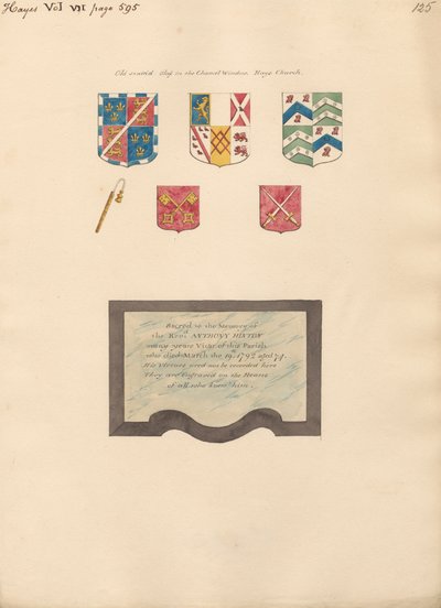 Vetrata antica nella finestra del canale e memoriale per il reverendo Anthony Hilton da Hayes da Daniel Lysons
