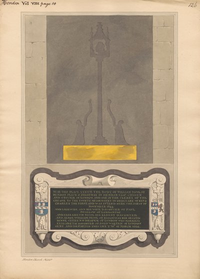 Resti della lastra di ottone e memoriale a William Nicol e Ann sua moglie e Elizabeth sua figlia e William suo figlio della chiesa di Hendon da Daniel Lysons