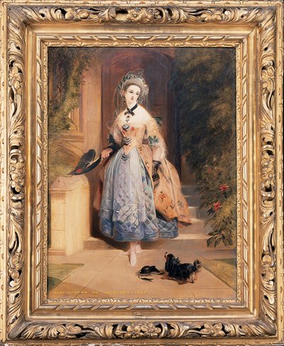 Ritratto di Louisa Jane, Marchesa di Abercorn, a figura intera, in un elaborato vestito giallo e blu ricamato, all
