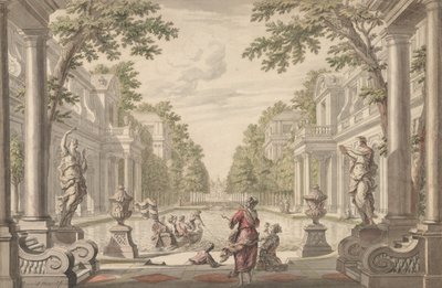 Veduta di un giardino di un palazzo con uno stagno centrale circondato da architettura classica da Daniel Marot