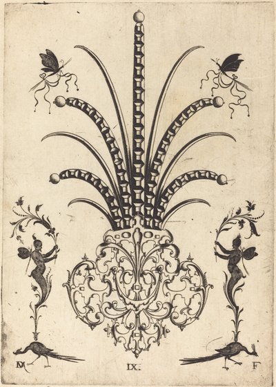Spilla con pietre da tavolo, farfalle in cima e pavoni e Ermes in basso da Daniel Mignot