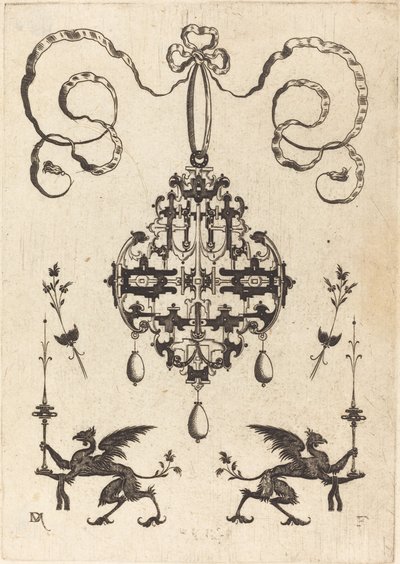 Grande pendente, in basso a sinistra e a destra due grifoni che portano candelabri fantastici da Daniel Mignot