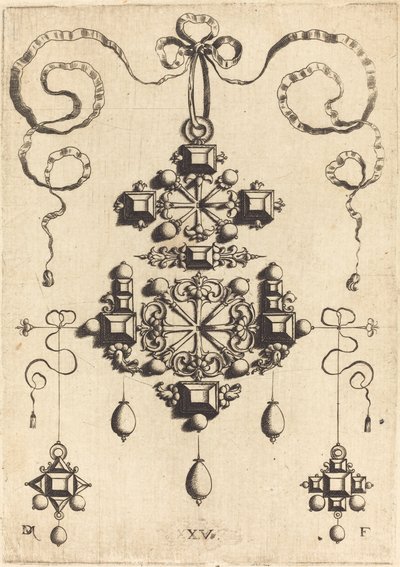 Pendente con due croci doppie, circondato da quattro pietre a forma di diamante, cinque pietre da tavolo e tredici perle da Daniel Mignot