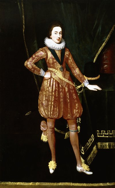 Ritratto di Re Carlo I come Principe di Galles, a figura intera, davanti a un drappo di velluto verde, con l