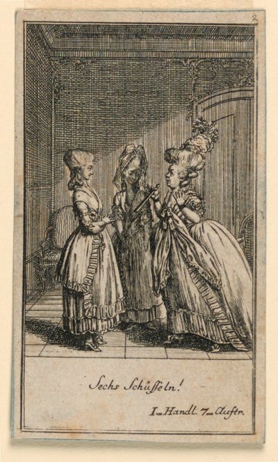 Una donna anziana che sgrida una ragazza, illustrazione della commedia "Nicht mehr als sachs Schuesseln" di Fredrich Wilhelm Grossman in "Königl: Grosbrit [anische] Genealogischer Kalender auf das 1782 Jahr Lauenberg bey J.G. Berenberg" da Daniel Nikolaus Chodowiecki