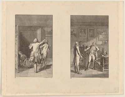 Il barone scaccia Candide dal castello [a sinistra]; Candide, Cunegonda e la vecchia davanti al governatore di Buenos Aires [a destra] da Daniel Nikolaus Chodowiecki