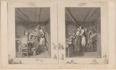 Ludwig mantiene a stento la famiglia con il suo lavoro [a sinistra]; Il padre ritorna dalla sua famiglia arricchito di tesori [a destra] da Daniel Nikolaus Chodowiecki