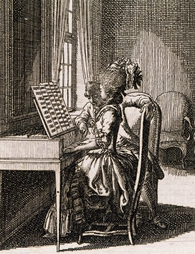 Musica, donna che suona il clavicembalo, di Daniel Niklaus Chodowiecki, da Occupations des dames, Germania, Polonia da Daniel Nikolaus Chodowiecki