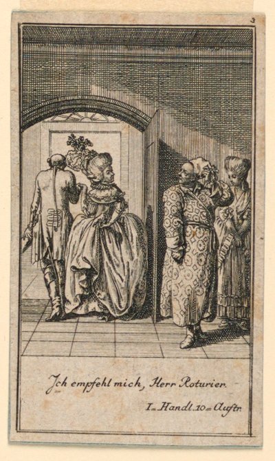 La coppia anziana che termina con arroganza una visita, illustrazione della commedia "Nicht mehr als sachs Schuesseln" di Fredrich Wilhelm Grossman in "Königl: Grosbrit [anische] Genealogischer Kalender auf das 1782 Jahr Lauenberg bey J.G. Berenberg" da Daniel Nikolaus Chodowiecki