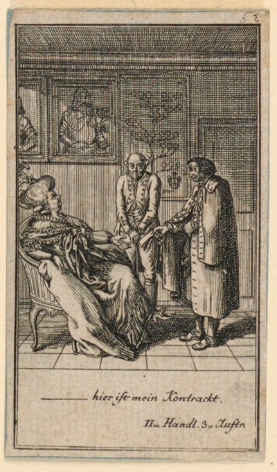 La donna anziana assume un uomo, illustrazione della commedia "Nicht mehr als sachs Schuesseln" di Fredrich Wilhelm Grossman in "Königl: Grosbrit [anische] Genealogischer Kalender auf das 1782 Jahr Lauenberg bey J.G. Berenberg" da Daniel Nikolaus Chodowiecki