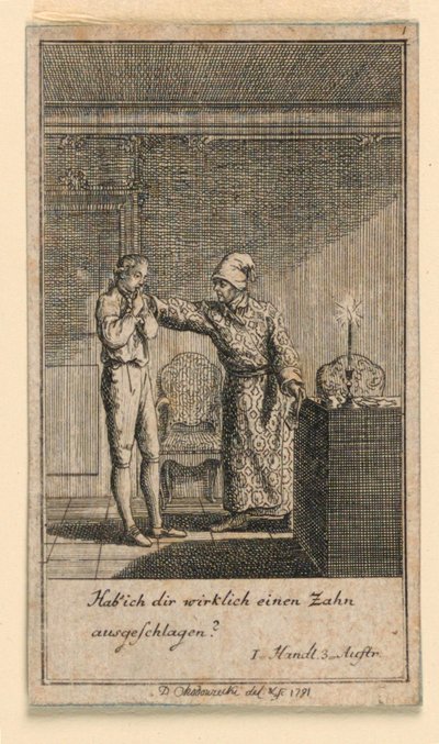 Lo schiaffo in faccia, illustrazione della commedia "Nicht mehr als sachs Schuesseln" di Fredrich Wilhelm Grossman in "Königl: Grosbrit [anische] Genealogischer Kalender auf das 1782 Jahr Lauenberg bey J.G. Berenberg" da Daniel Nikolaus Chodowiecki
