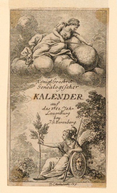 Pagina del titolo per "Königl: Grosbrit [anische] Genealogischer Kalender auf das 1781 Jahr Lauenberg bey J.G. Berenberg" da Daniel Nikolaus Chodowiecki