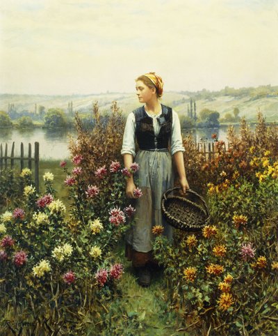 Ragazza con un cesto in un giardino da Daniel Ridgway Knight