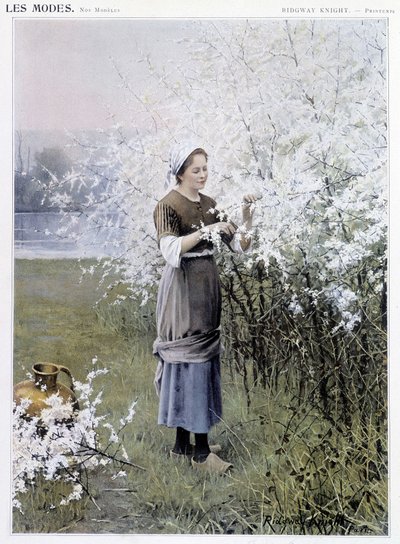 Primavera: Donna che raccoglie fiori - ill. di R. Knight, circa 1905 da Daniel Ridgway Knight