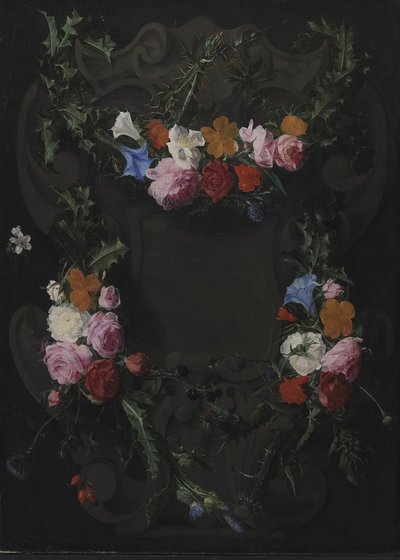 Cartiglio di pietra con una ghirlanda di fiori da Daniel Seghers